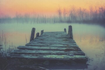 An old wooden dock extends into a misty lake, lined with bare trees against a hazy dawn.
