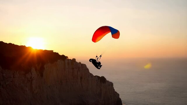 Paraglider soars over ocean cliffs at sunset