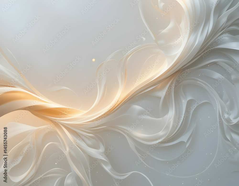 Poster abstract white and gold flowing forms with sparkling effects