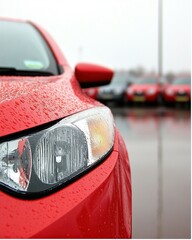 Fototapeta premium Close-up of a Red Car Headlight with Water Droplets on a Rainy Day in a Car Dealership Lot