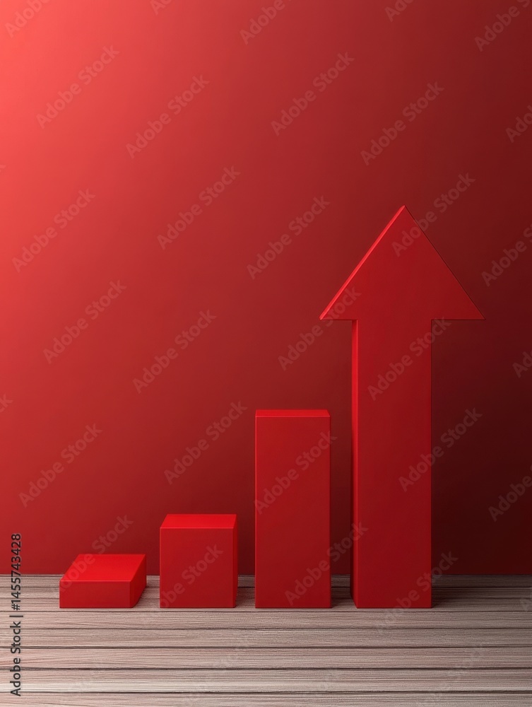 Poster Red Arrow Ascending on Bar Chart Showing Growth and Progress on Wooden Surface Background