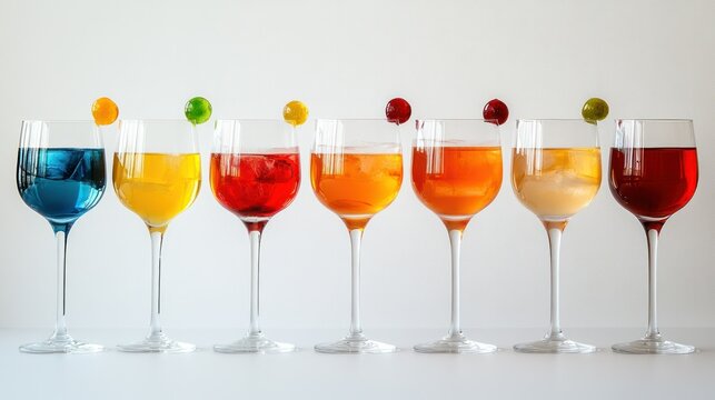 Seven elegant tall wine glasses filled with colorful beverages arranged in a straight line on a white background, showcasing variety and vibrant drink options
