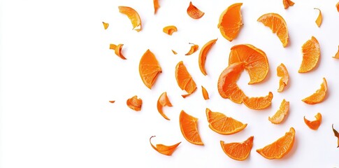 Vibrant orange citrus slices scattered artistically on a clean white background