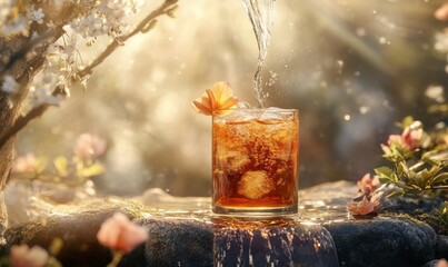 Refreshing Beverage with Blossoms in Soft Golden Light at Sunrise
