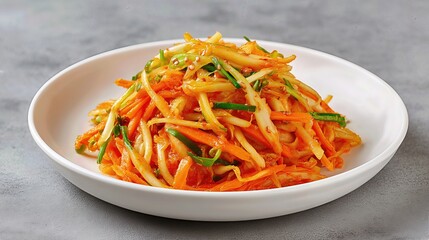 A plate of Korean white kimchi with carrots and sprouts, served as a healthy vegetable side dish, offers a delicious taste of traditional Asian cuisine.
