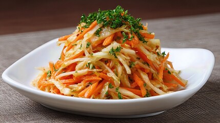 A plate of Korean white kimchi with carrots and sprouts, served as a healthy vegetable side dish, offers a delicious taste of traditional Asian cuisine.
