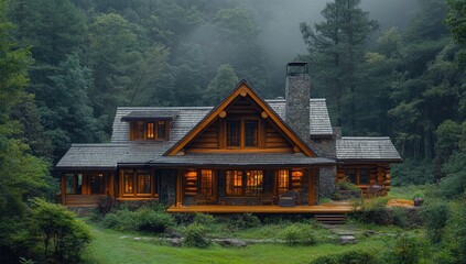 A rustic log cabin nestled amidst misty forest.