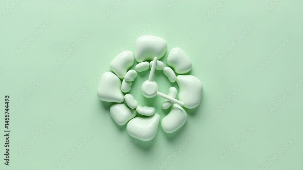 Poster a pastel green abstract clock made of soft, rounded shapes arranged in a circular pattern on a match