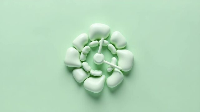 A pastel green abstract clock made of soft, rounded shapes arranged in a circular pattern on a matching background.