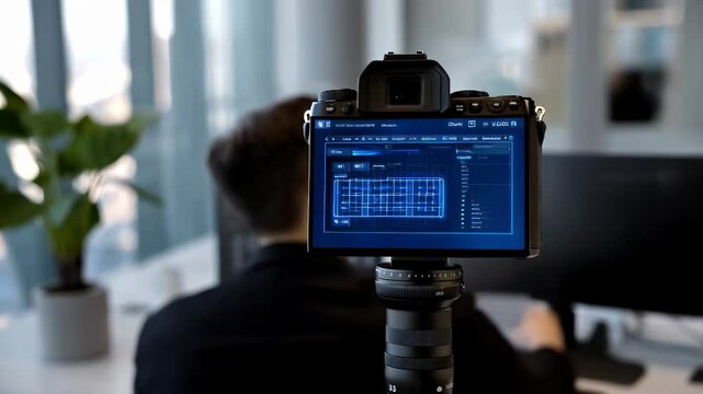Person using a mirrorless camera with a digital display showing settings, seated at a desk in an office