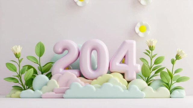 Large pastel "204" numbers surrounded by soft clouds and blooming flowers on a minimal background.