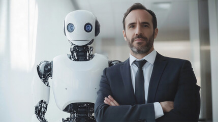 A robot and a man in suits stand confidently, created with Generative AI