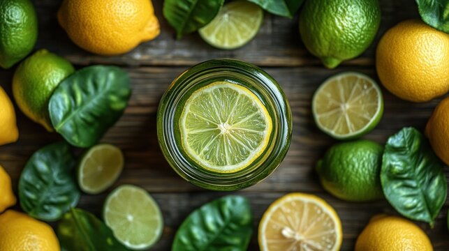 Fresh citrus fruits & a glass jar