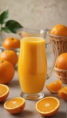 A pitcher and glass of fresh orange juice with whole oranges , pitcher, fruit, organic