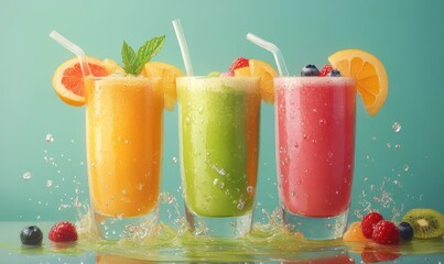 Refreshing Fruit Smoothies in Tall Glasses on Colorful Background