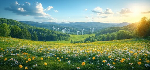 Serene Meadow with Wind Turbines and Mountain Views