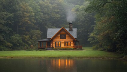 Fototapeta premium Misty mountain cabin nestled beside a tranquil pond.
