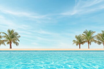 Clear blue water reflects sunlit palms under a bright sky in a serene tropical setting by the pool