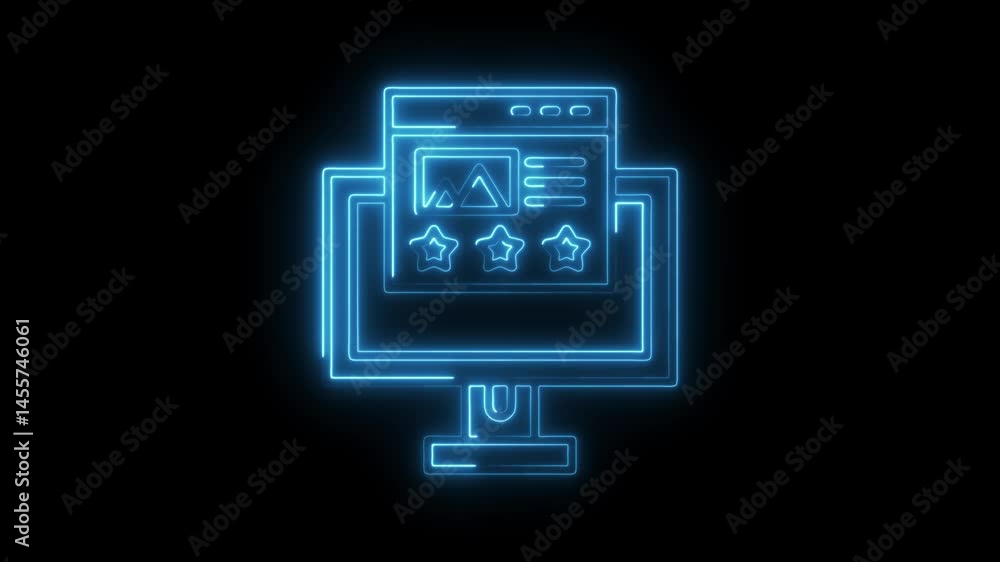 Poster neon computer screen with rating stars glowing on black background animation
