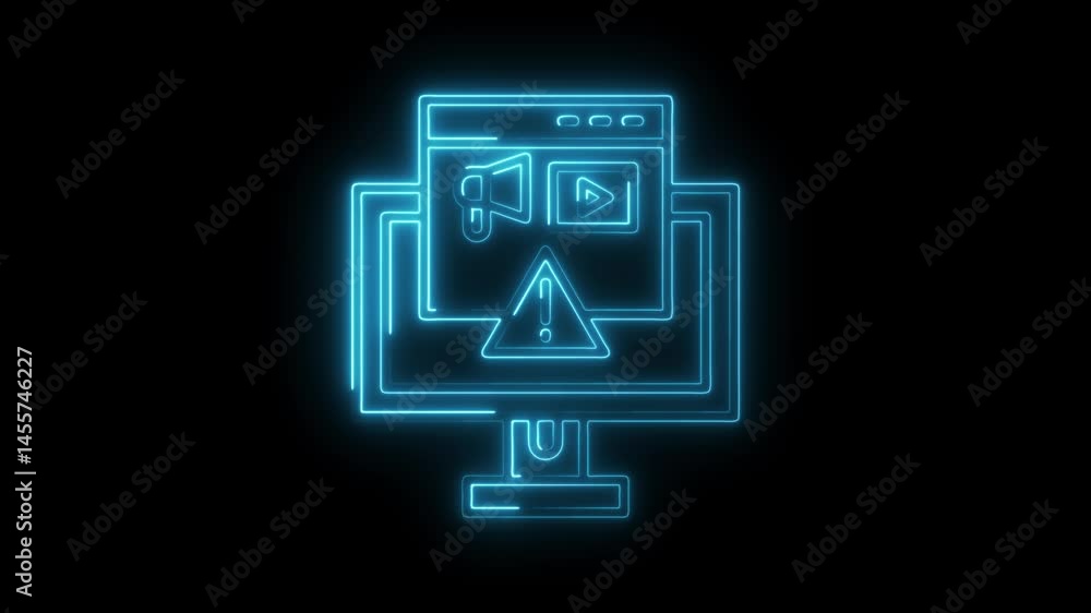 Poster neon computer screen displaying warning alert sign with marketing content on dark background