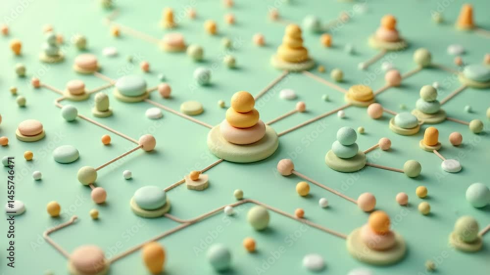 Poster a pastel-colored network diagram made of stacked circles connected by lines on a mint green surface,