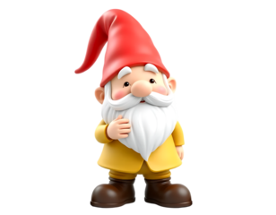 A charming 3D cartoon garden gnome with a red hat and a yellow coat