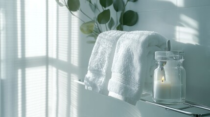 Close-up of neatly folded white towels and a lit candle in a glass jar placed on a sleek glass shelf in a bright bathroom with natural sunlight streaming through window blinds