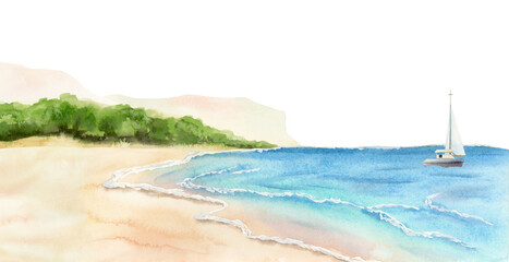 Ocean beach landscape with cloudy sky tropical illustration. Calm sea coast with sand horizontal clip art for Florida and California summer vacation designs in bright blue and turquoise colors