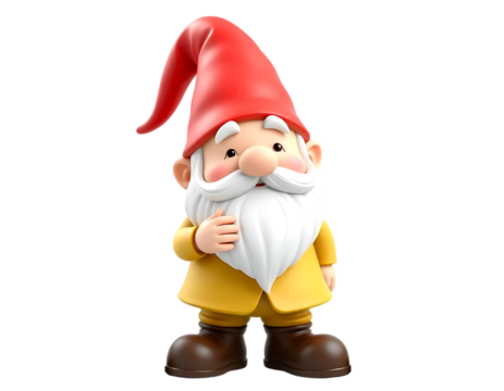 A charming 3D cartoon garden gnome with a red hat and a yellow coat