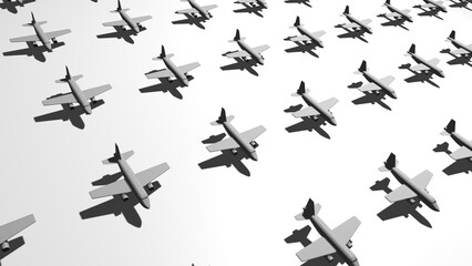 Seamless 3D illustration of multiple passenger planes on white background.