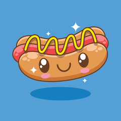 Hand drawn cute kawaii hot dog burger cartoon illustration