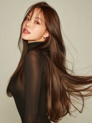 Naklejka premium beautiful Korean model with thick very soft gorgeous straight long hair paired with regular beauty treatments show off the beauty