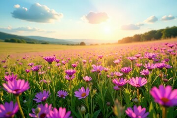 Fototapeta premium Sunlit field awash in a sea of pink and purple wildflowers against a cloudless sky , botanical, floral field, delicate