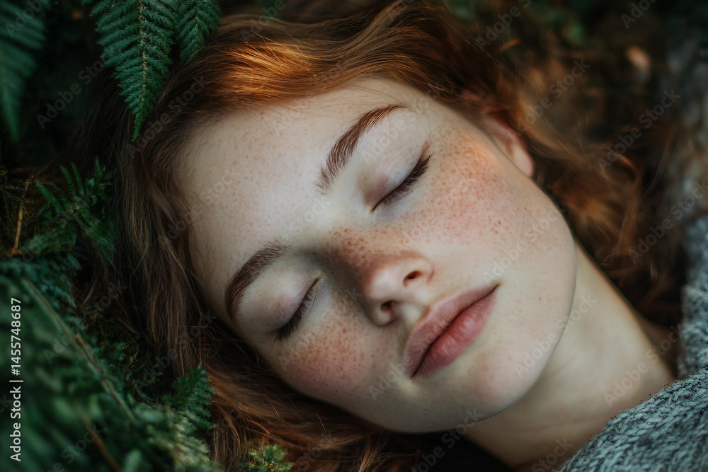 Poster woman enjoy calm rest in forest generative ai image