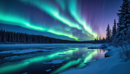 Stunning Aurora Borealis Over Frozen Lake with Snowy Mountains and Pine Trees Under Starry Winter Night Sky