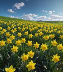 Obraz premium Cluster of bright yellow daffodils in lush green pasture, vivid blue sky overhead , field, daffodils