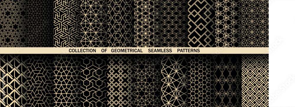 Leinwandbilder Geometric set of seamless black and golden patterns. Simple vector graphics