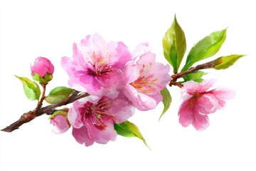 Watercolor Painting of a Flowering Branch with Pink Blossoms and Green Leaves on White Background