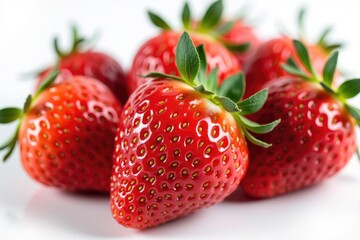 Ripe Red Strawberries with Lush Green Leaves and Shiny Surface