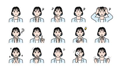 スーツを着た若い女性の表情イラストセット