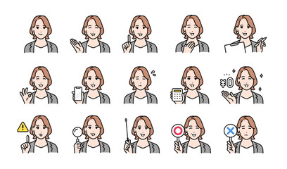 ミドル世代の女性コンサルタントのビジネス向け表情セット