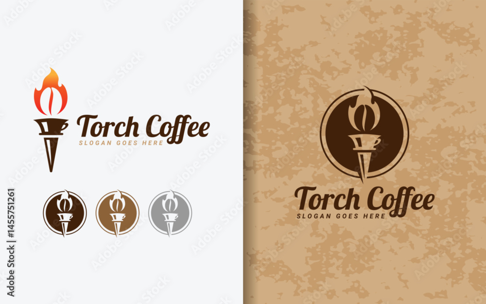 Poster torch coffee logo design. a coffee bean igniting like a flame and torch elements in a creative logo 