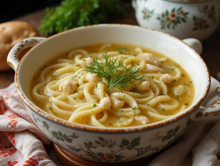 Traditional Polish soup with thin egg noodles, dill, and clear chicken broth in hand-painted crockery.
