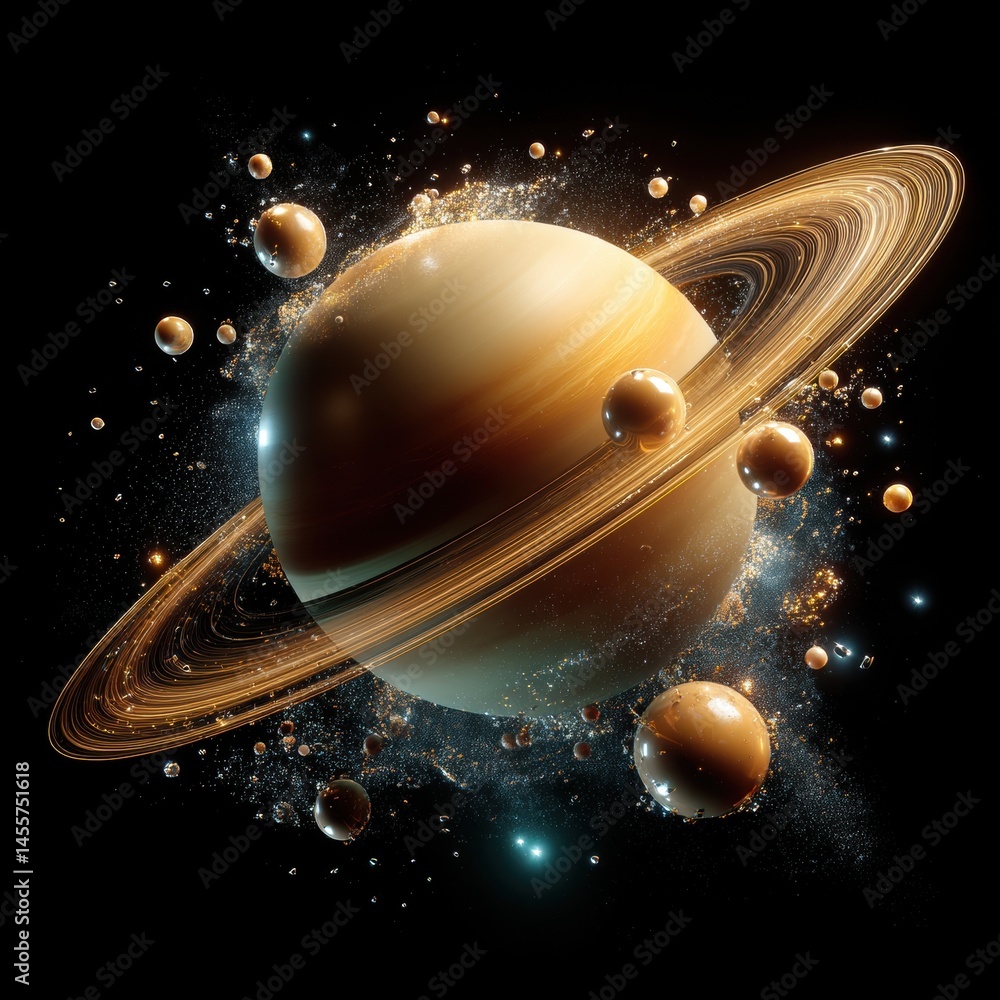 Wall mural saturn planet with rings and small spheres in space with dust and golden light around it
