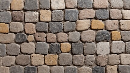 A top-down view of weathered cobblestone pavement, showcasing a rustic pattern with earthy-toned stones, perfect for use as a background or texture in architectural and design projects.
