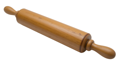 A classic hardwood rolling pin with a smooth cylindrical barrel and turned handles on both ends