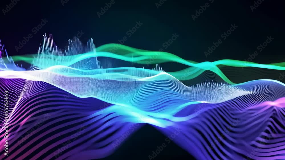 Poster captivating three-dimensional animation of abstract audio waves with innovative hues and flowing mov
