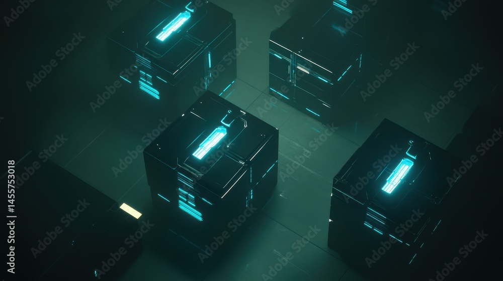 Poster abstract glowing technology cubes with digital circuits and futuristic design in a dark environment 
