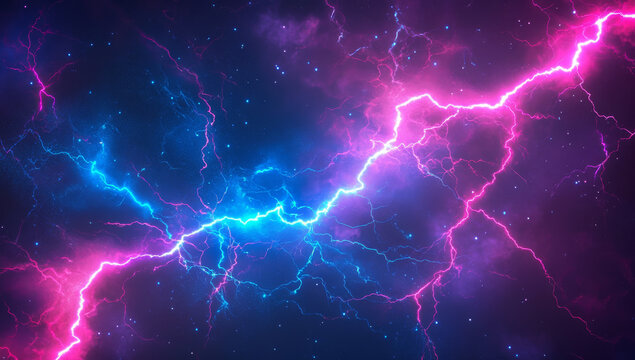 background featuring neon blue and pink lightning bolts illuminating cosmic scene filled with stars. dynamic colors create energetic and captivating atmosphere
