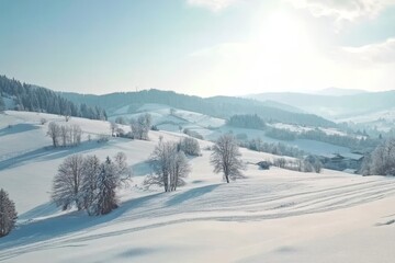 Obraz premium A picturesque winter scene featuring snow-covered fields and trees in a rural countryside.